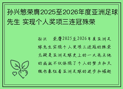 孙兴慜荣膺2025至2026年度亚洲足球先生 实现个人奖项三连冠殊荣